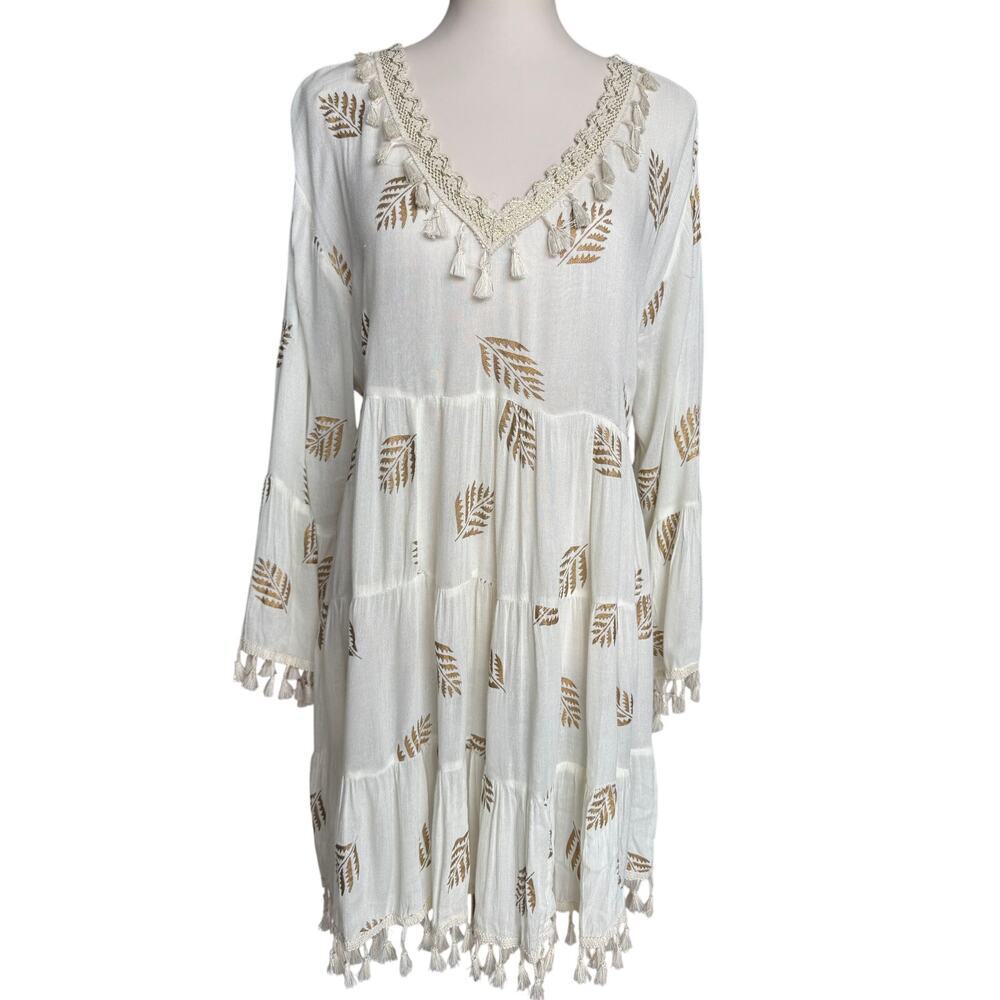 Zury Boho Gold Leaf Tunic Dress Bell Sleeve Tassel Trim Free Size One Size Tunic